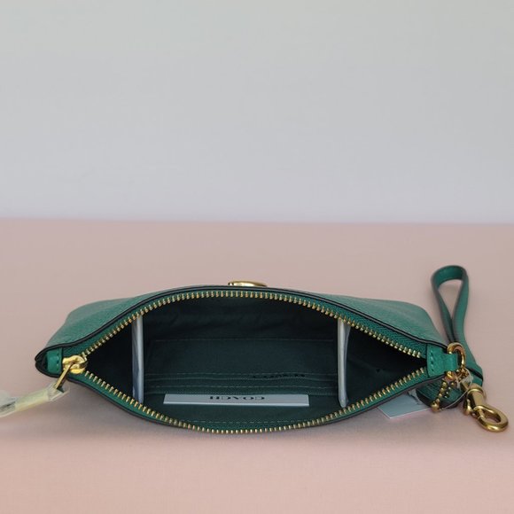 COACH Small Wristlet in Polished Pebbled Leather -Bright Green Color - Picture 13 of 16